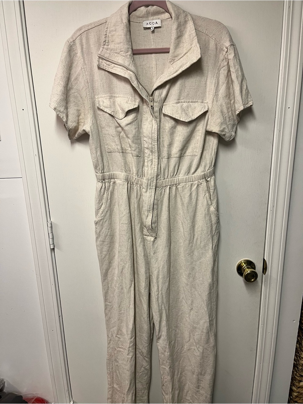 ACOA Cream Short-Sleeve Utility Zip Jumpsuit